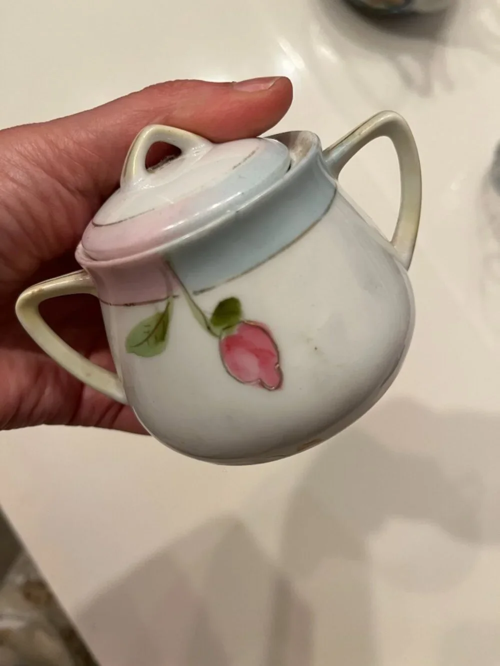 Nippon Antique Hand Painted  Lidded Sugar Bowl Pink Roses